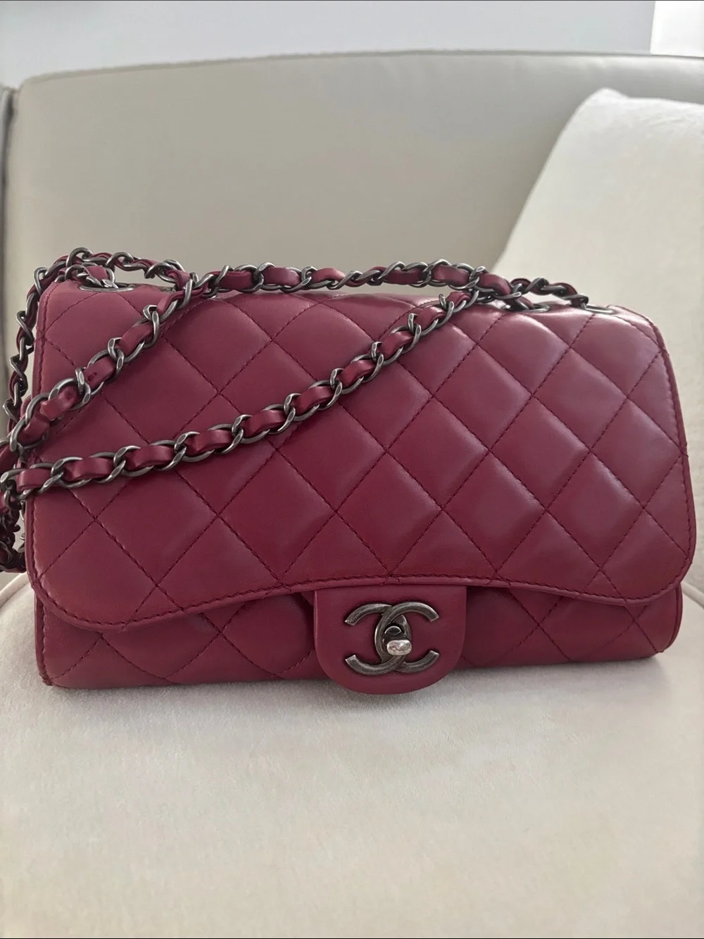 CHANEL Quilted Shoulder Bag in Burgundy Red with Silver Hardware